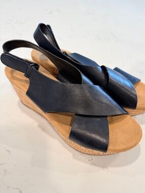 Xappeal Black Leather Crisscross Slingback Wedge Sandals